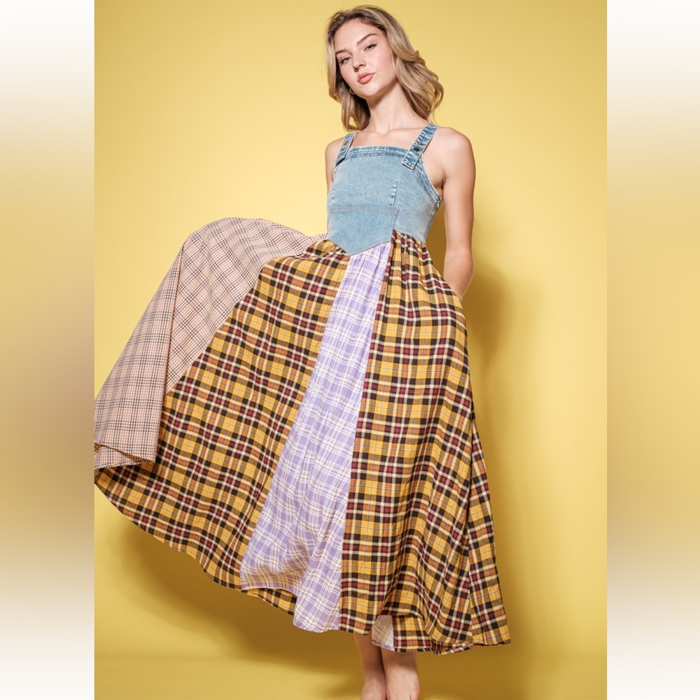 27 Boho Denim Multi Fabric Pleated Suspender Maxi Dress - Picture 2 of 7